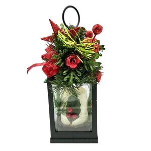 Christmas Lantern With LED Candle Black Plastic Festive Accents Battery WORKS